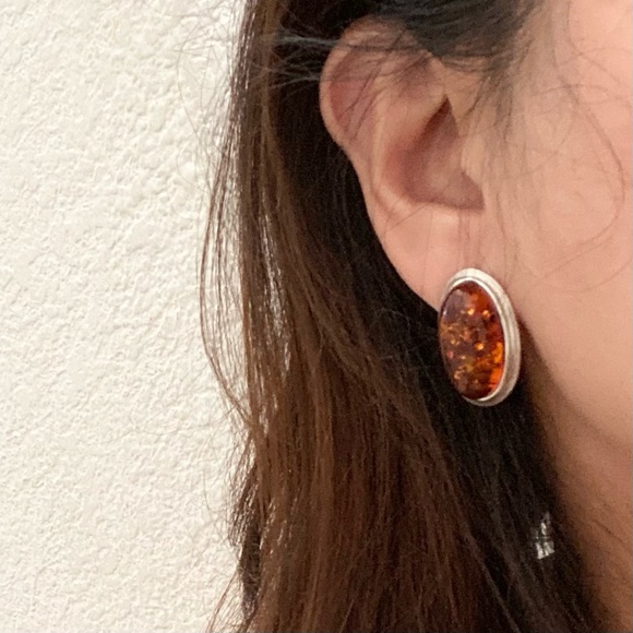 Vintage Sterling Silver Handcrafted Cabochon Oval Baltic Amber Earrings 7.4g - Picture 2 of 15